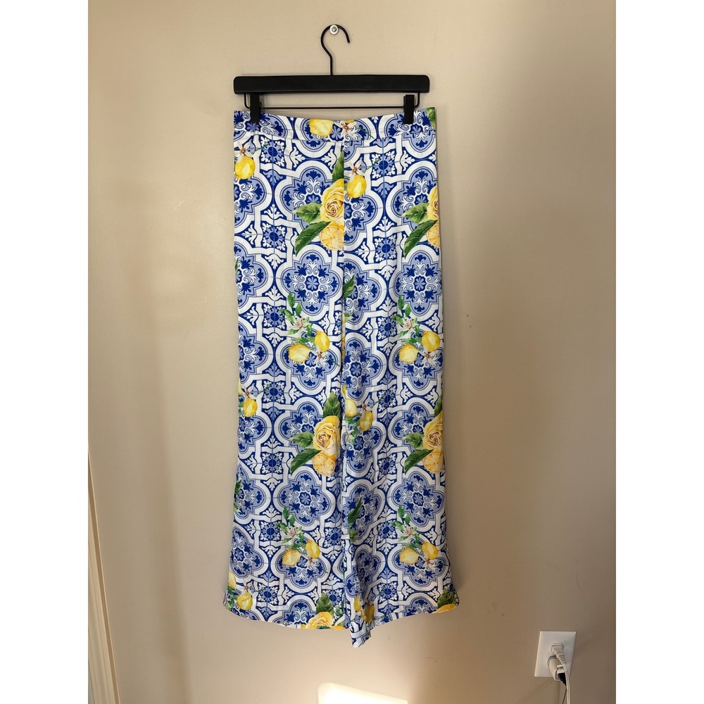 Boston Proper Blue White Lemon Tile Print Wide Leg Pants High Rise Small